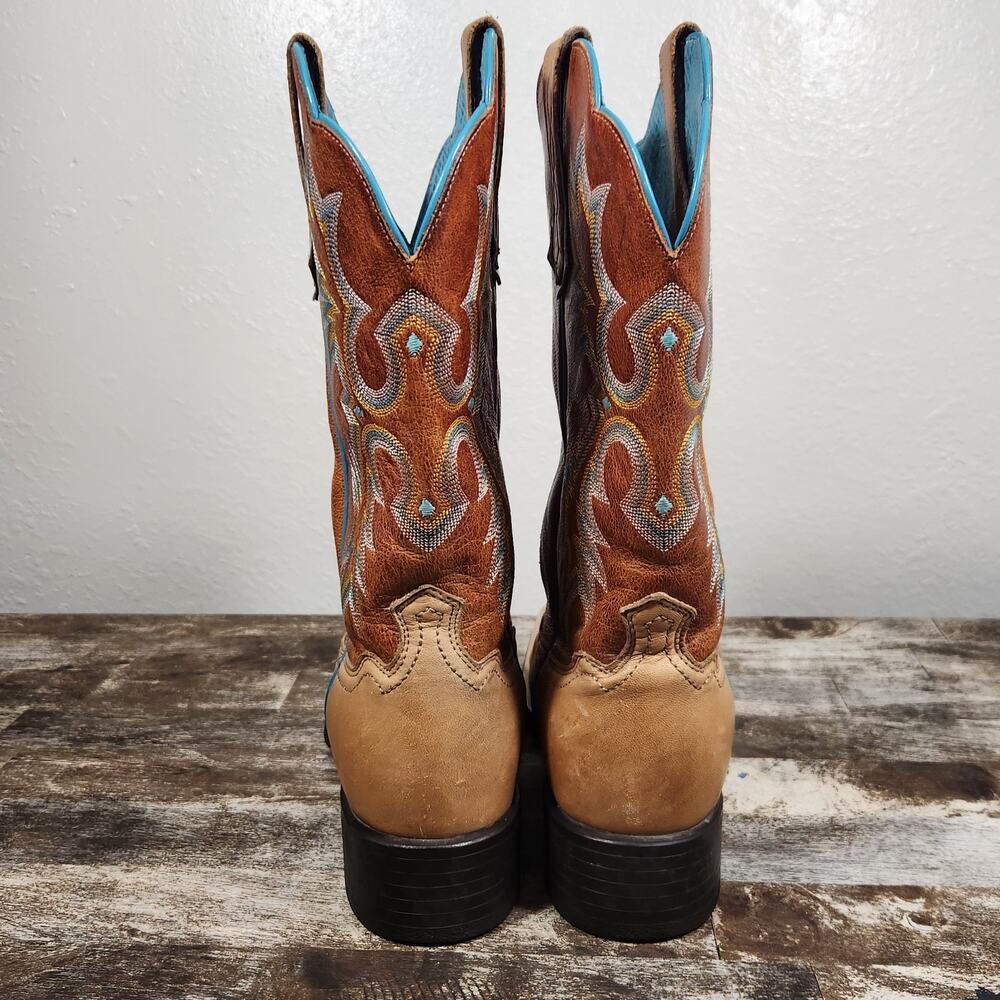 Ariat Tombstone Cowboy Boots Womens 9 B Tan Teal Leather Square Country Cowgirl - Picture 7 of 14